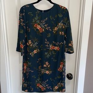 Banana Republic Floral Print Sheath Dress 3/4 Sleeves Fully Lined Teal Navy Blue